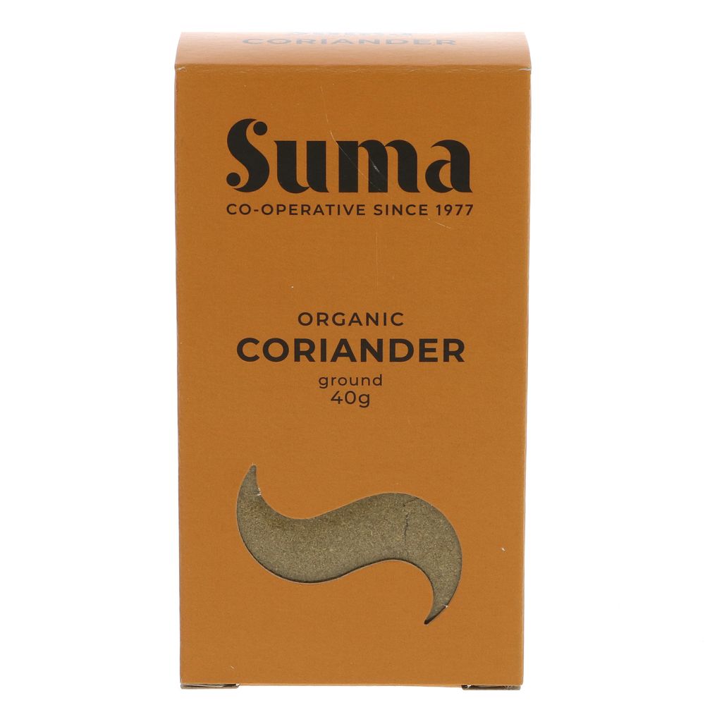 An orange cardboard box of organic ground coriander