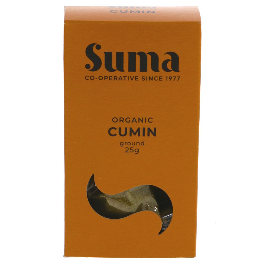 An orange cardboard box of organic ground cumin