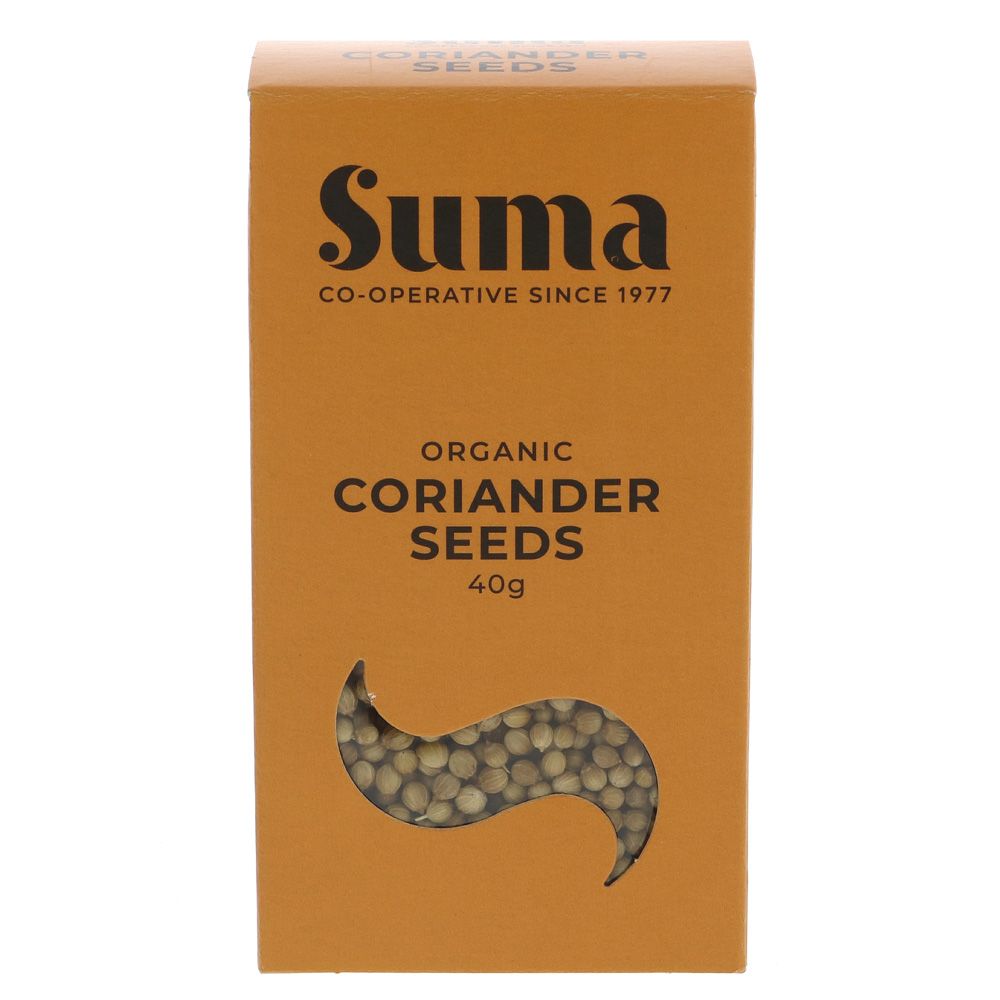 An orange cardboard box of organic coriander seeds