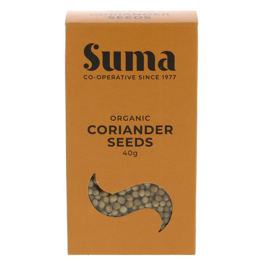 An orange cardboard box of organic coriander seeds