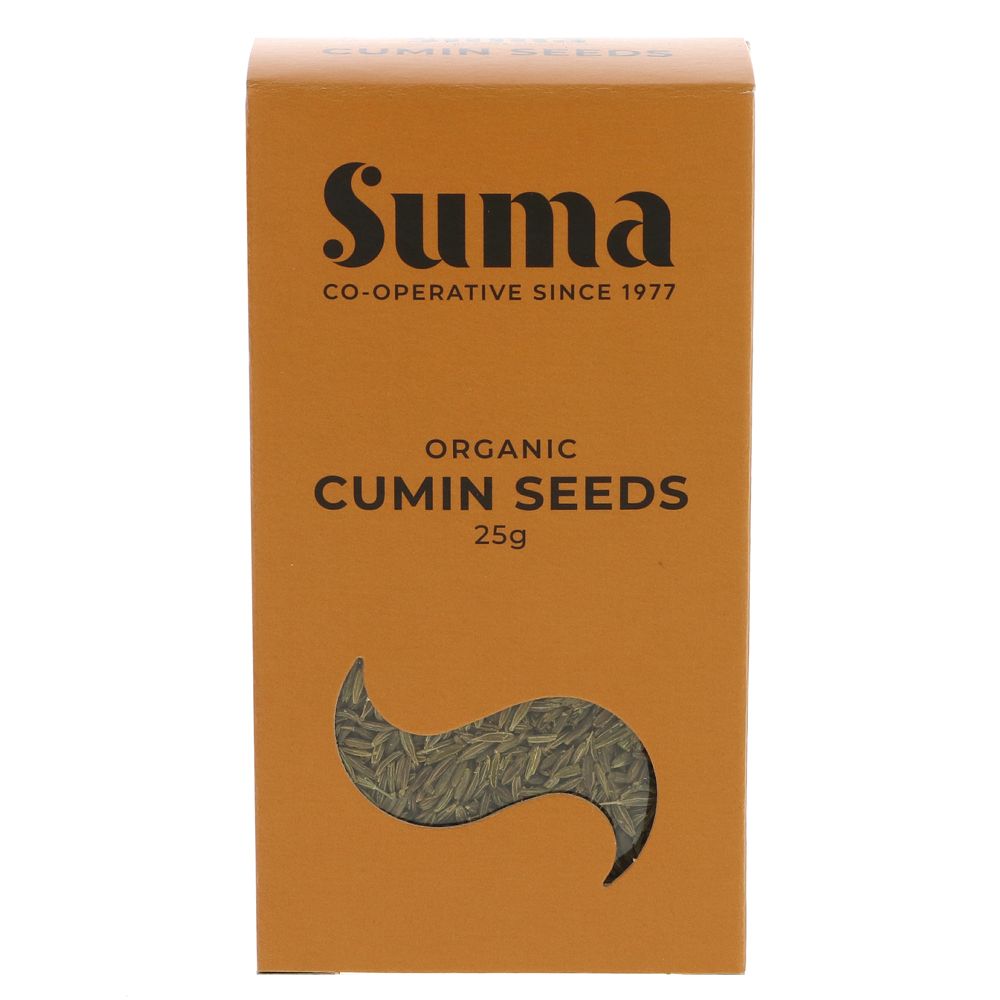 An orange cardboard box of organic cumin seeds