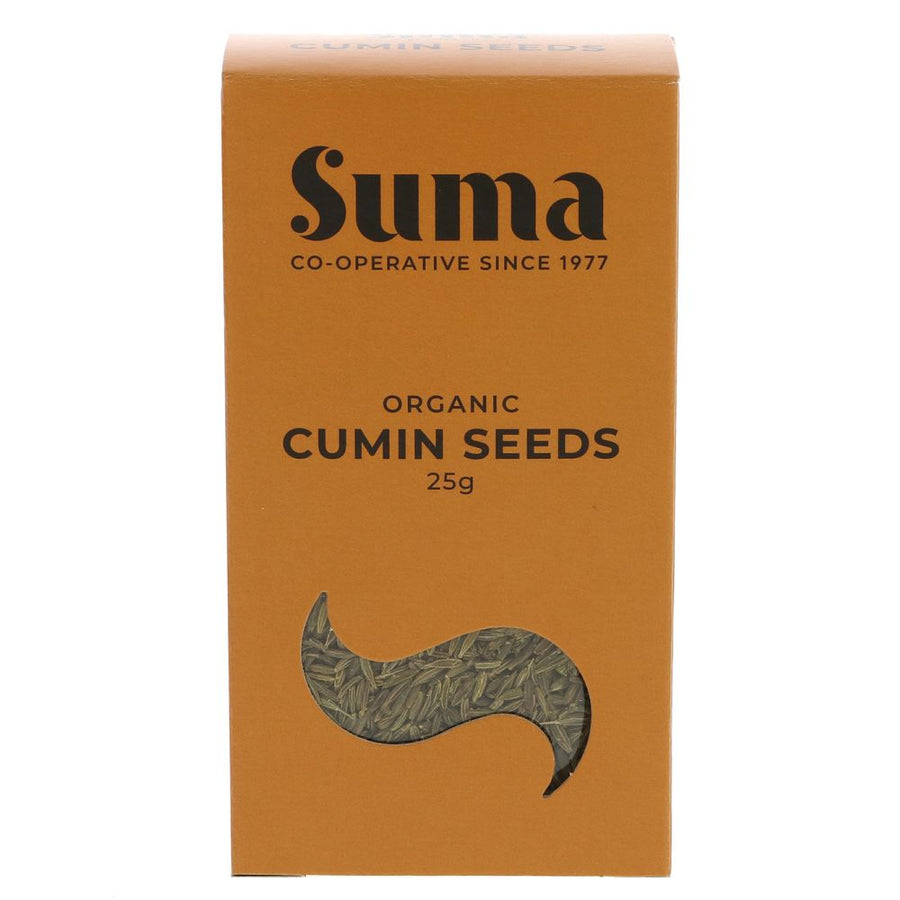 An orange cardboard box of organic cumin seeds