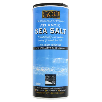 A blue plastic container of organic atlantic sea salt with a shaker lid