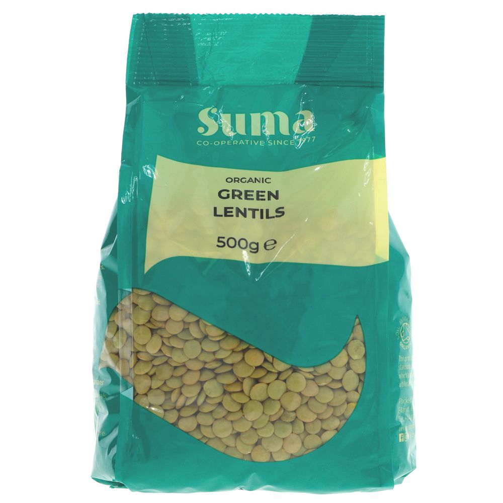 A recyclable green plastic packet of green lentils