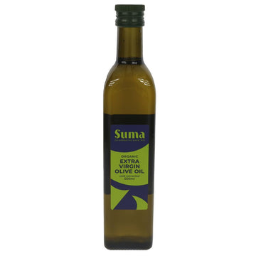 A dark green glass bottle of olive oil with a metal lid