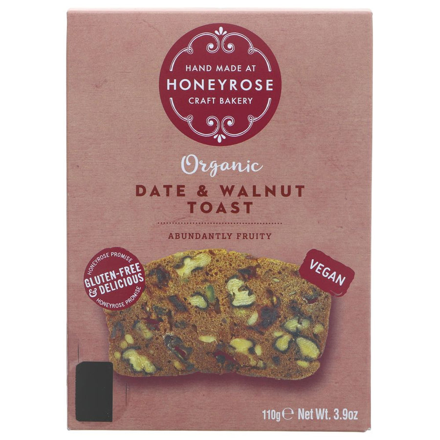 Organic, Gluten Free, vegan, dairy free, egg free, vegetarian, GMO-free, soya free Twice-baked toasts with sweet dates and walnuts, perfect with mature cheese or enjoy as a snack