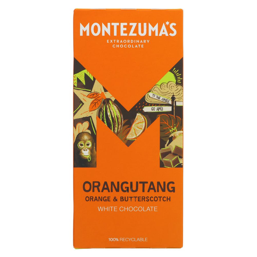 An orange recyclable cardboard packet of white chocolate with orange and butterscotch