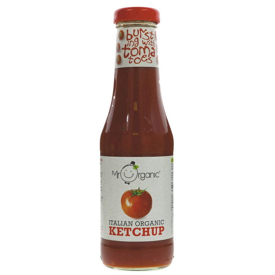 A glass bottle of organic tomato ketchup with a metal lid