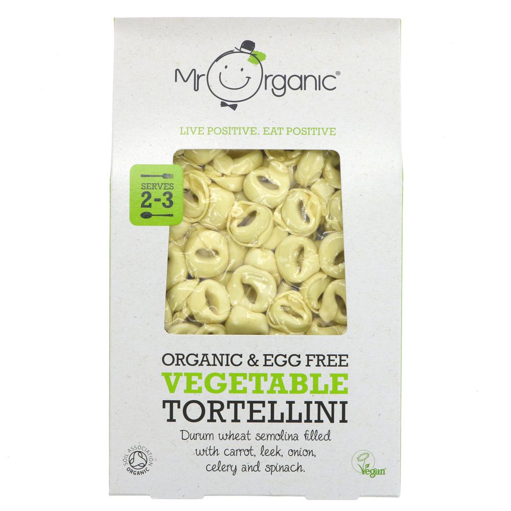 A cardboard packet with vacuum sealed tortellini