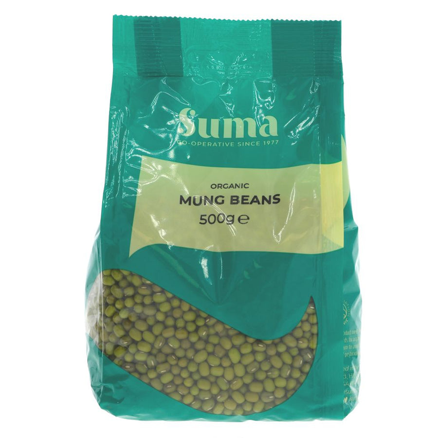 A recyclable green plastic packet of mung beans