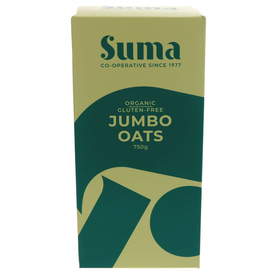 A green and yellow cardboard box of organic gluten free jumbo oats