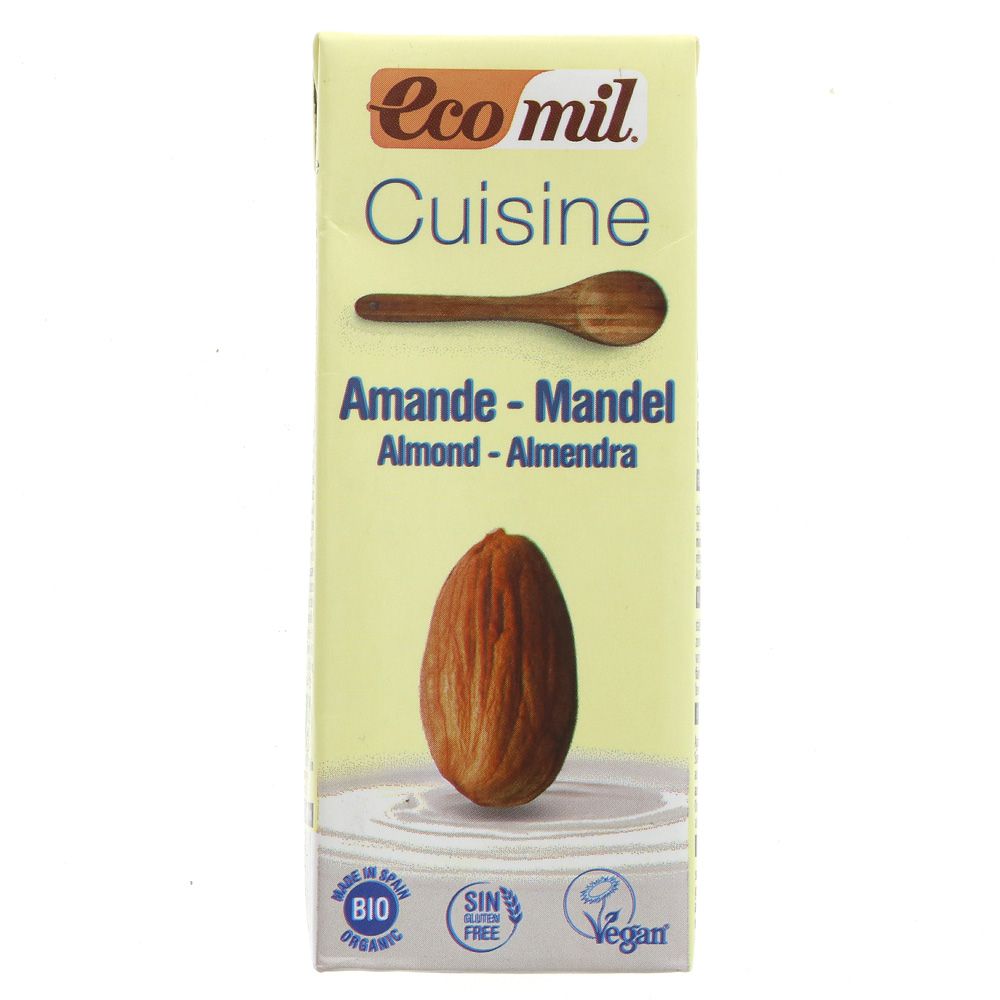 A photo of a carton of organic almond cream. 