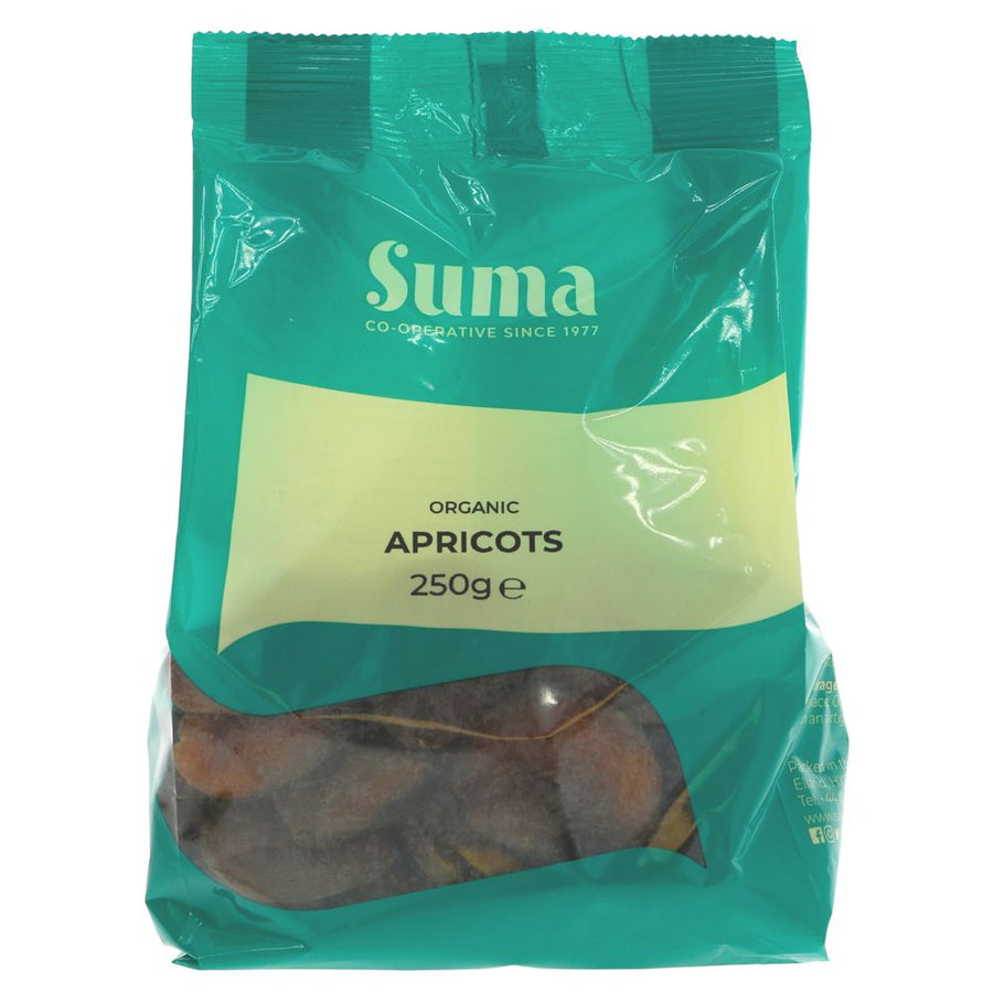 A recyclable green plastic packet of dried apricots