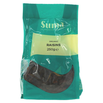 A recyclable green plastic packet of raisins