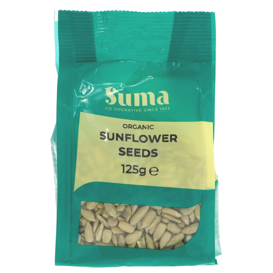 A recyclable green plastic packet of sunflower seeds