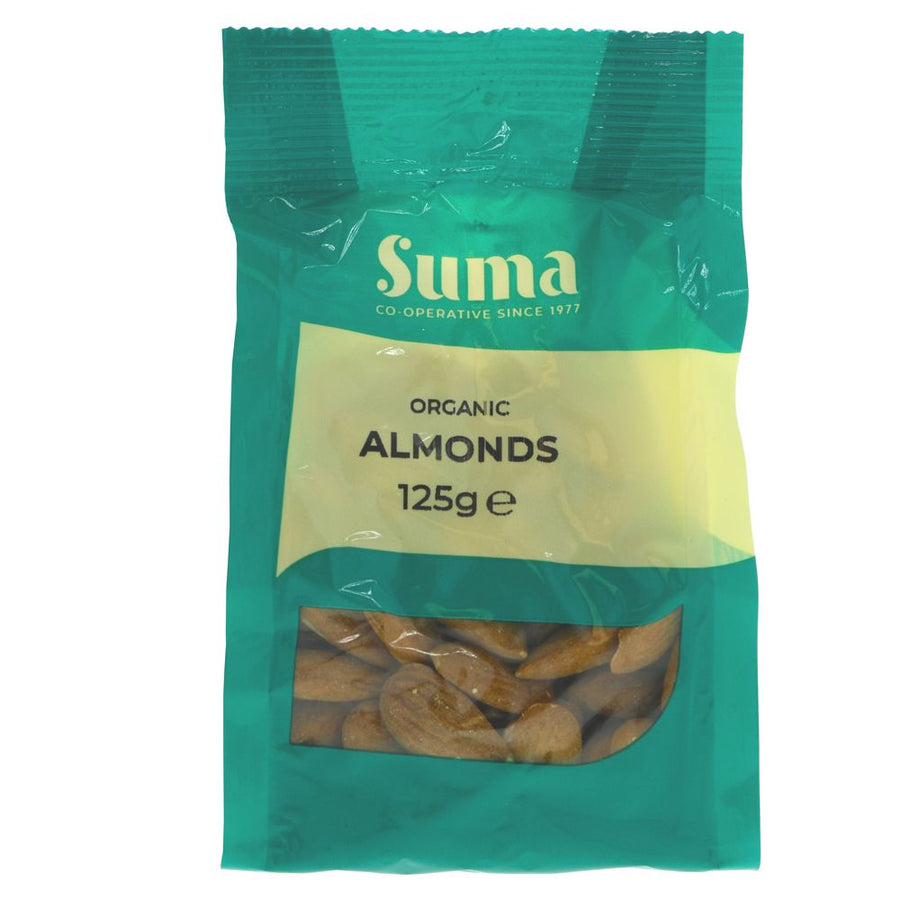 A recyclable green plastic packet of almonds