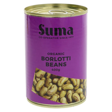 A purple tin of organic borlotti beans