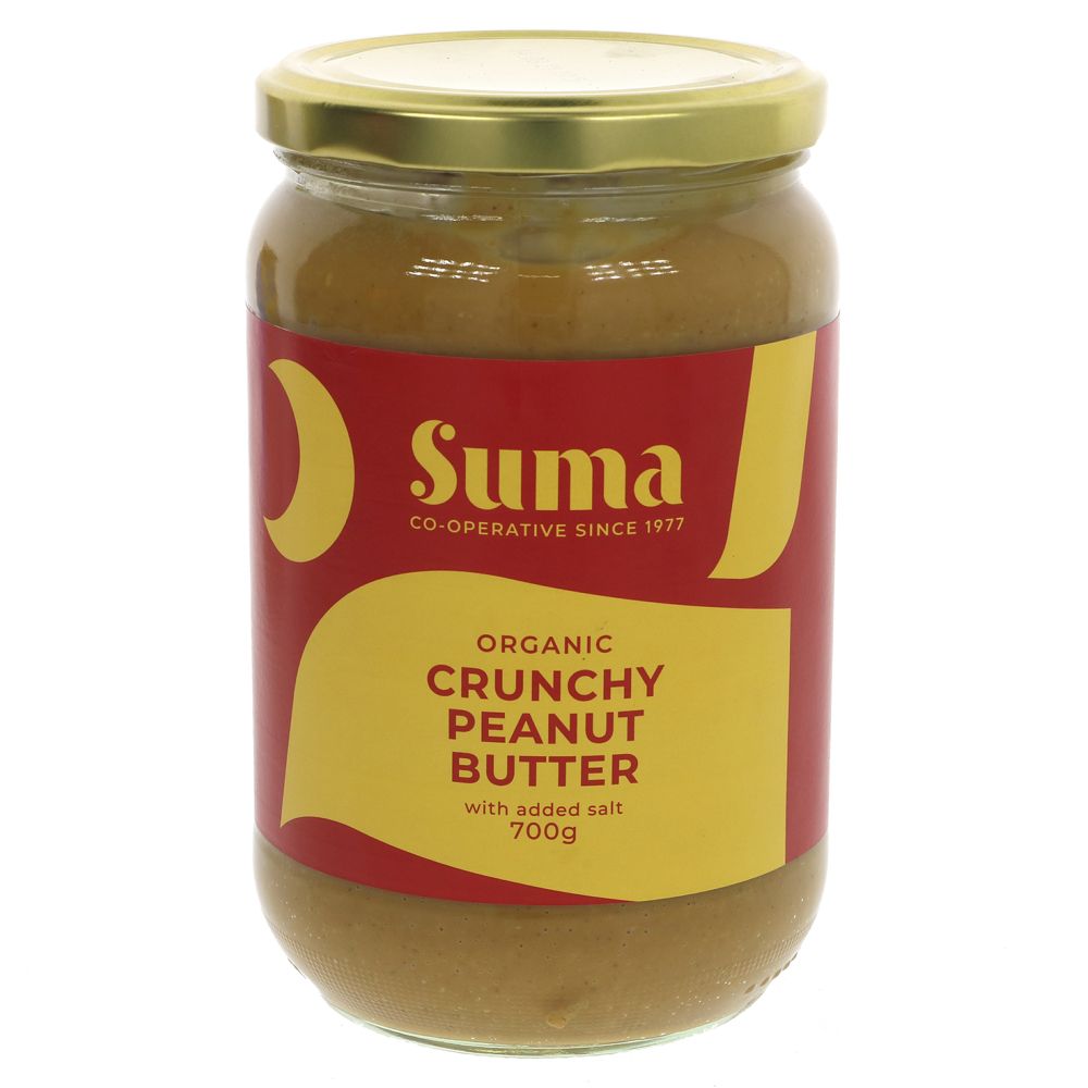 A glass jar of peanut butter with a metal lid