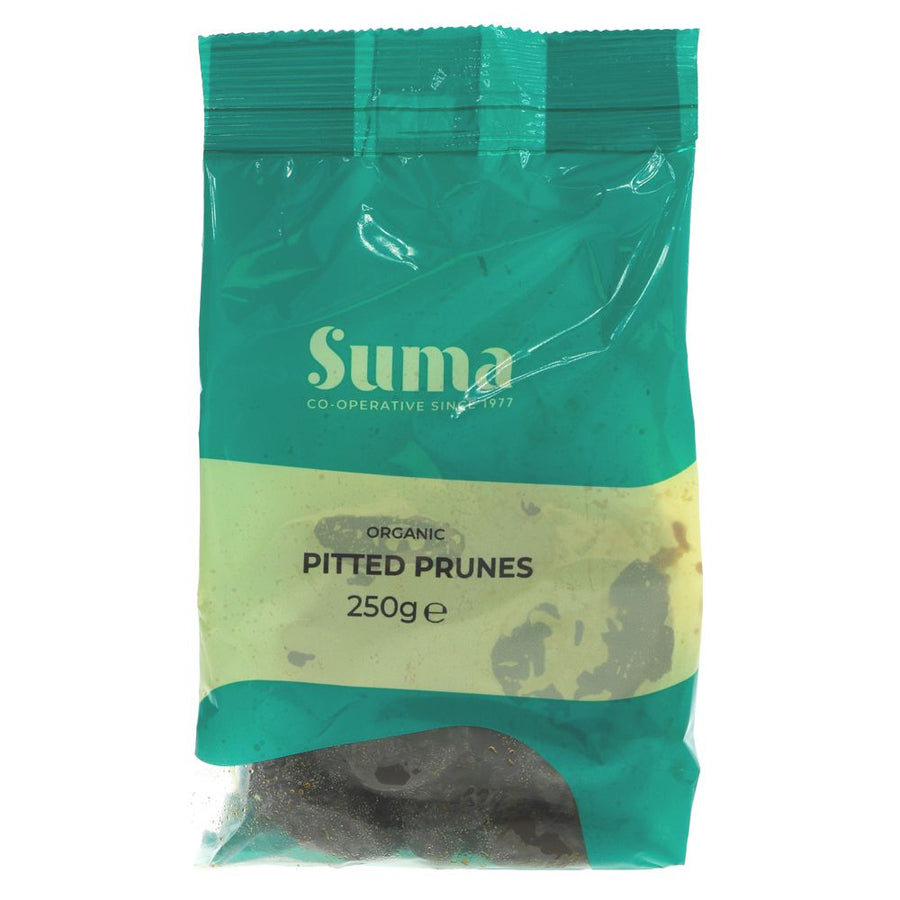 A recyclable green plastic packet of pitted prunes
