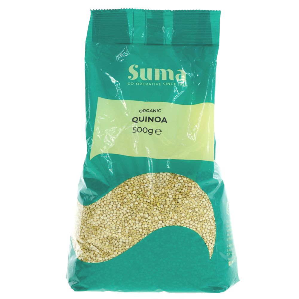 A recyclable green plastic packet of quinoa