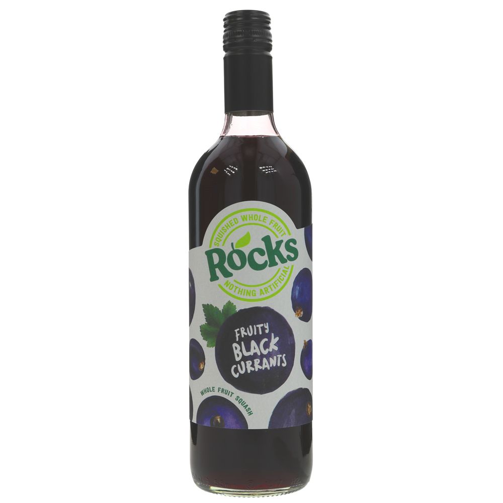 A glass bottle of blackcurrant cordial with a metal lid