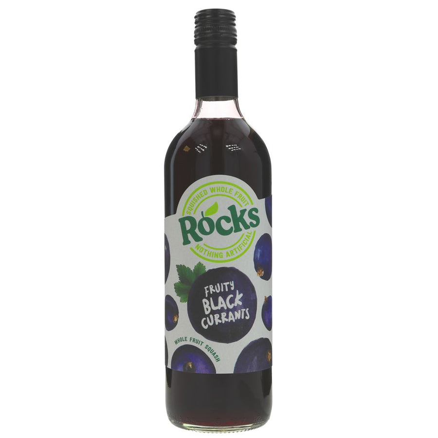 A glass bottle of blackcurrant cordial with a metal lid