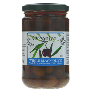 A glass jar of organic whole black olives with a metal lid