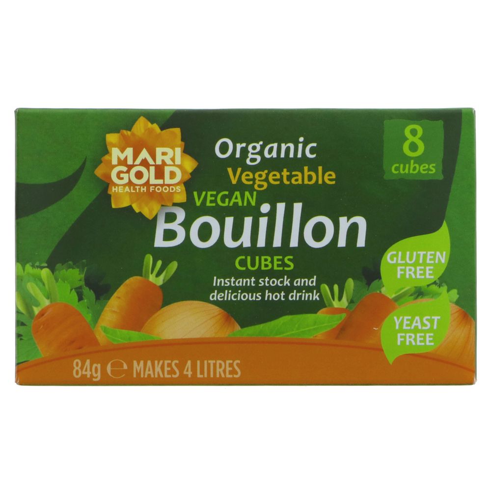 A green cardboard box of 8 stock organic vegan stock cubes