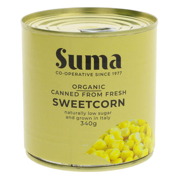 A yellow tin of organic sweetcorn