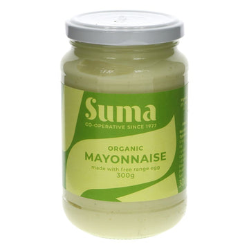 A glass jar of organic mayonnaise with a metal lid