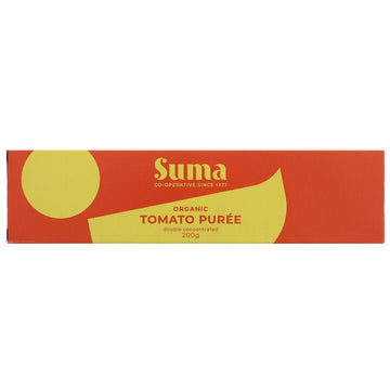 A red cardboard box containing a metal tube of organic tomato puree