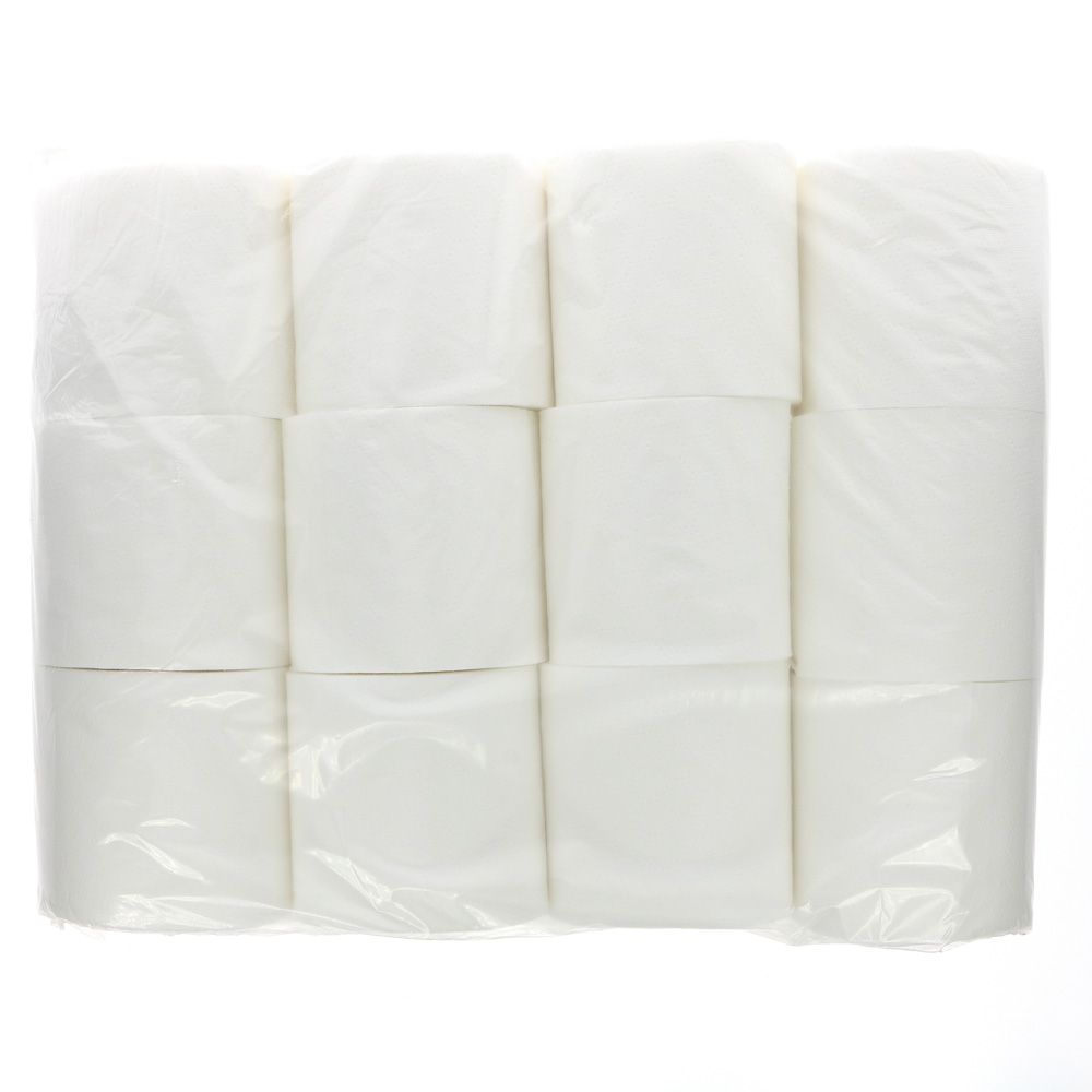 A 12 pack of recycled toilet paper in plastic wrap