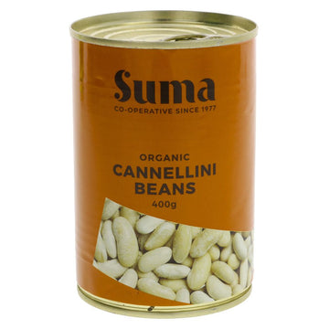 An orange tin of organic cannellini beans