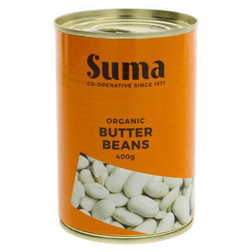 An orange tin of organic butter beans