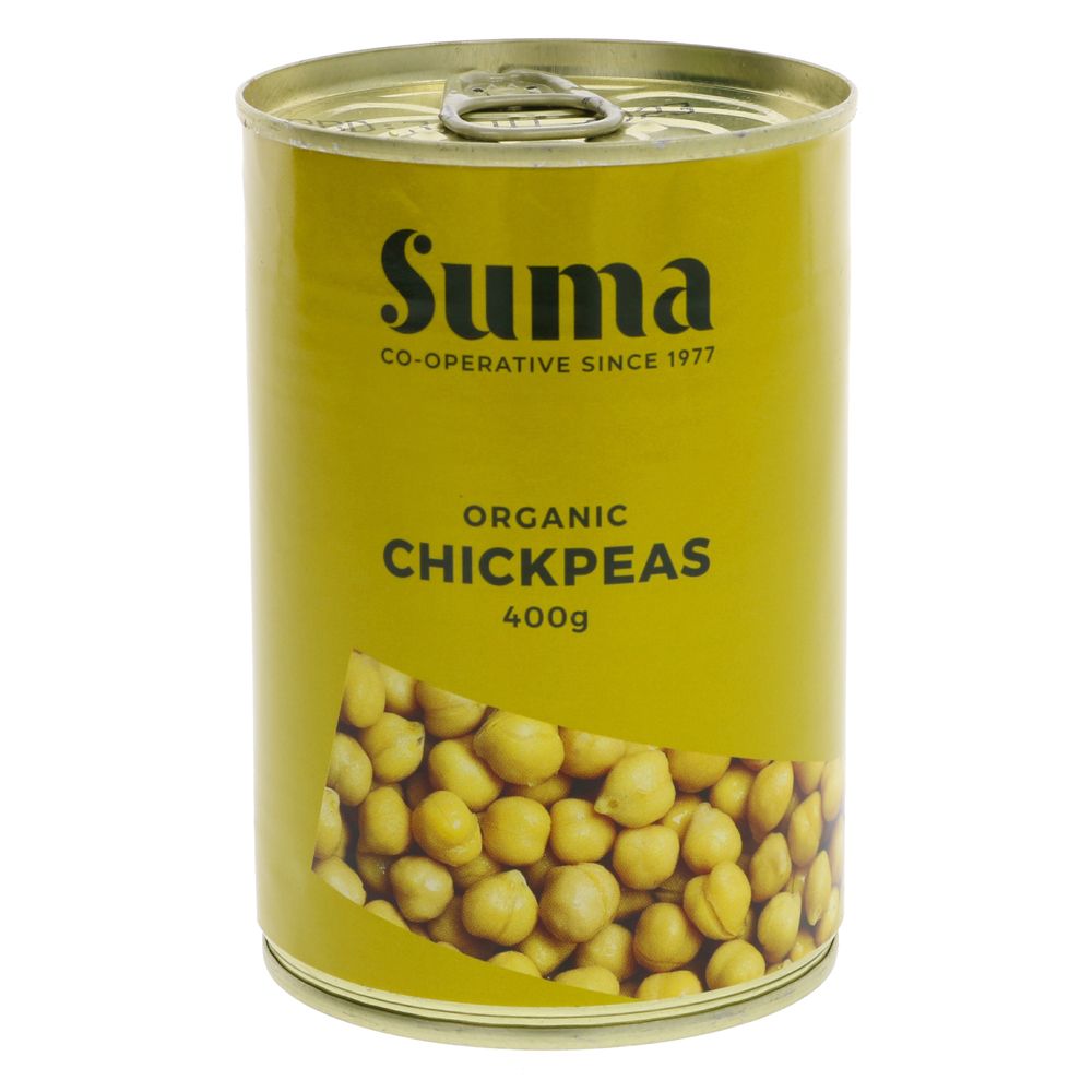 A yellow tin of organic chickpeas