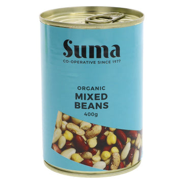 A blue tin of organic mixed beans