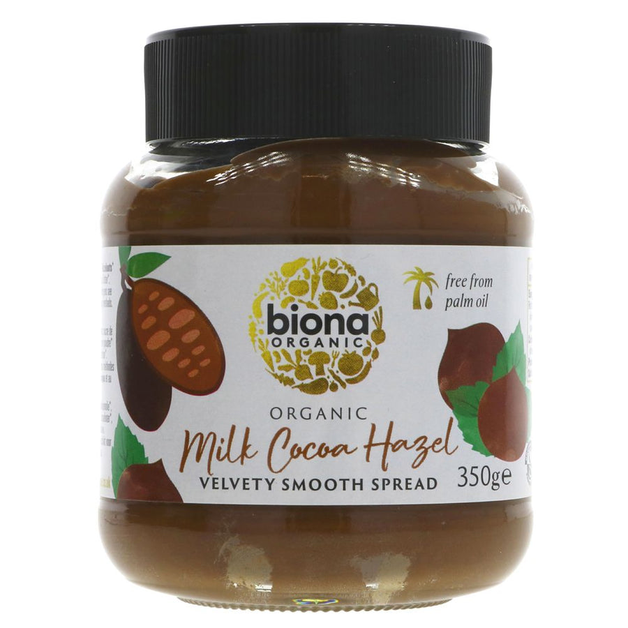 A glass jar of hazelnut chocolate spread with a plastic lid