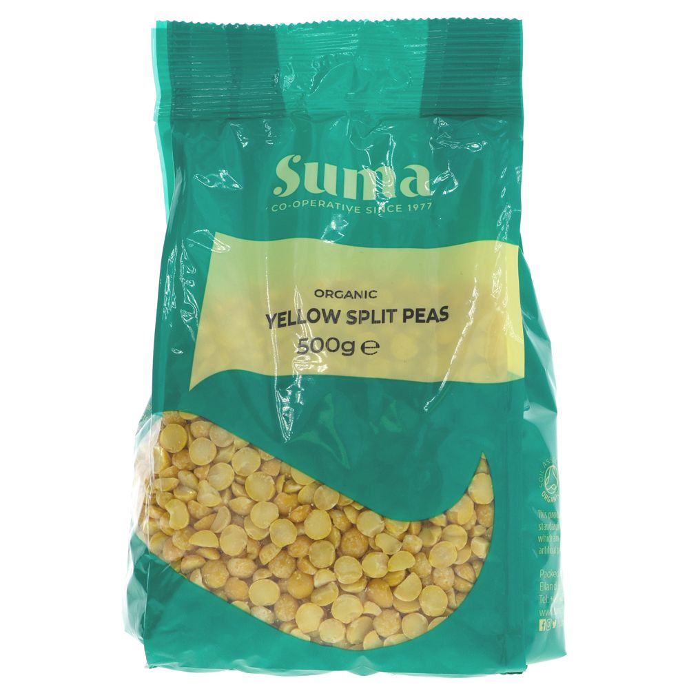A recyclable green plastic packet of dried yellow split peas